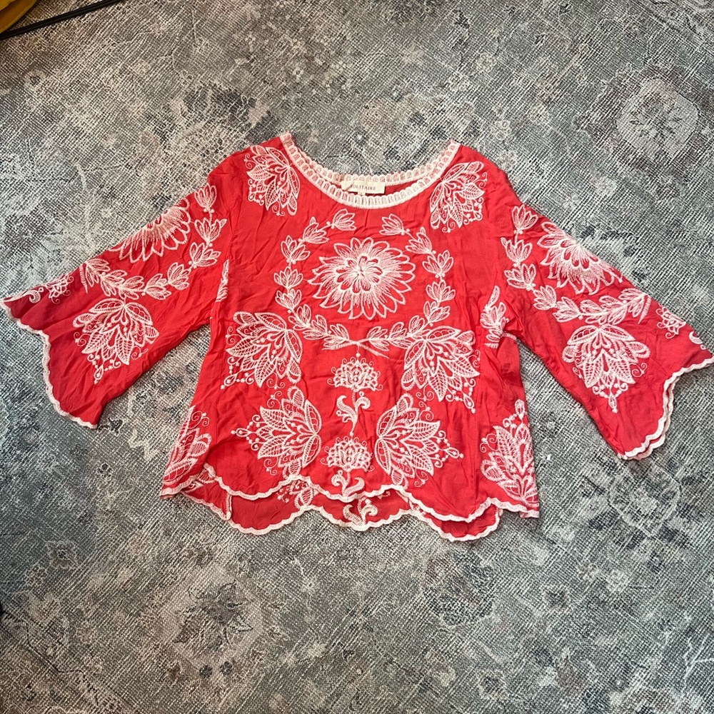Red Floral Embroidered Women's Top